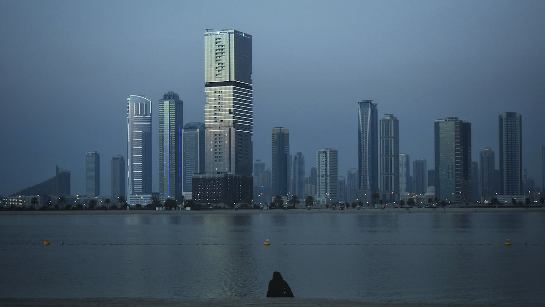 a large body of water with a city in the background