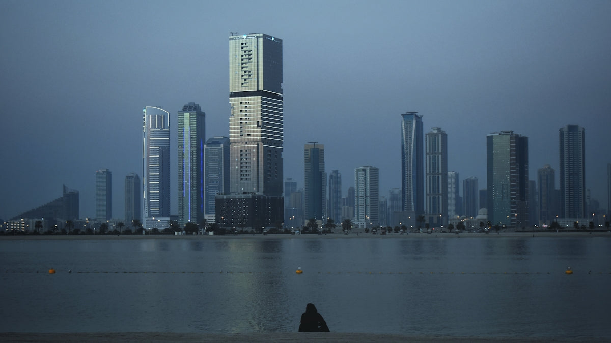 a large body of water with a city in the background