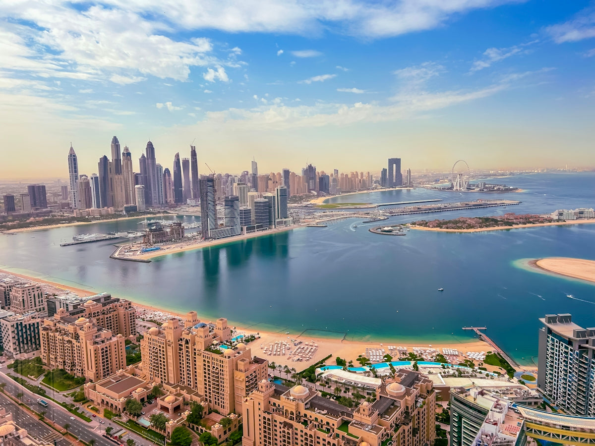 an aerial view of a city and a body of water