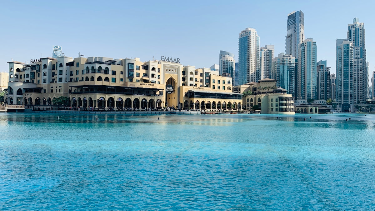 A large body of water with a city in the background