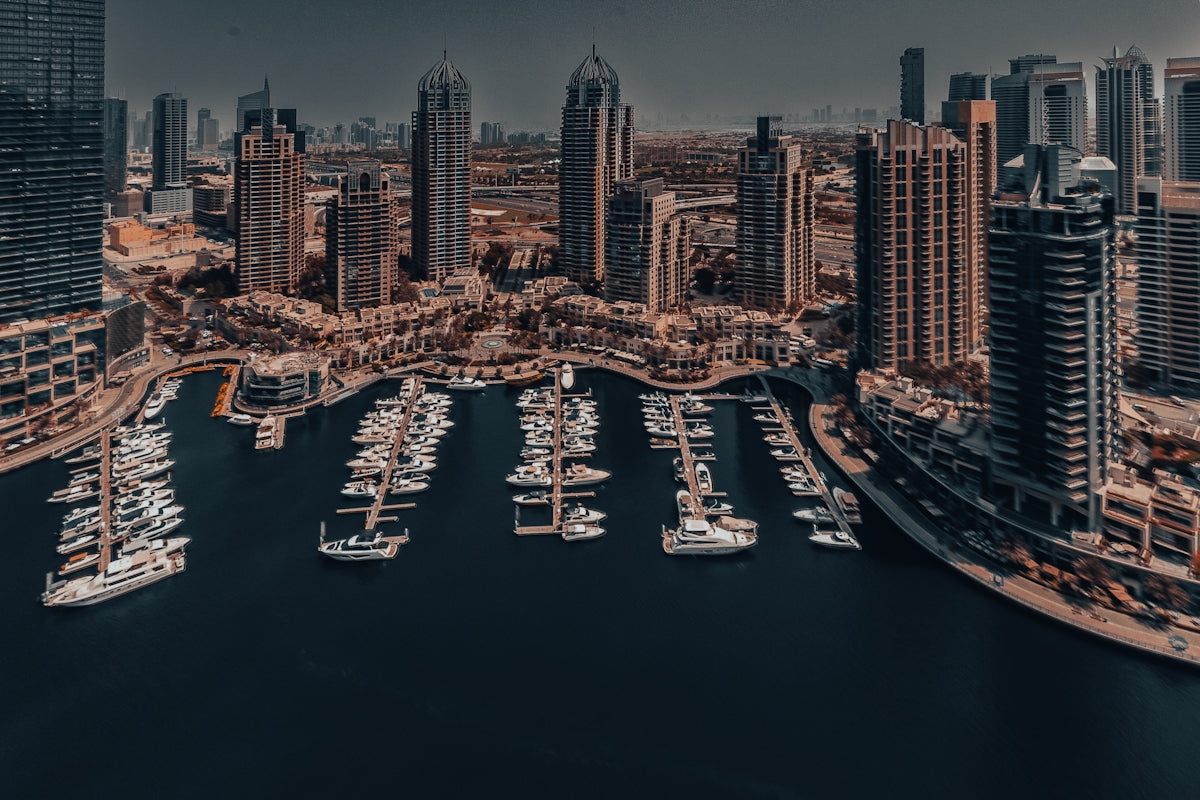 An aerial view of a city with boats in the water