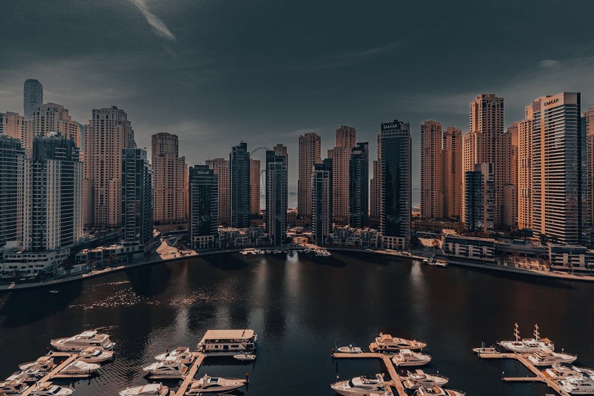 A harbor with boats in it and a city in the background