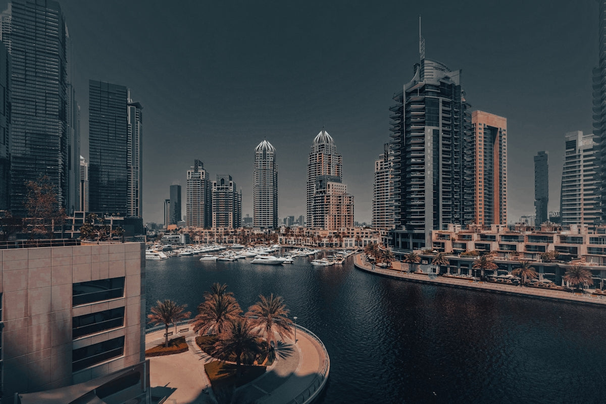 A picture of a city with a river running through it