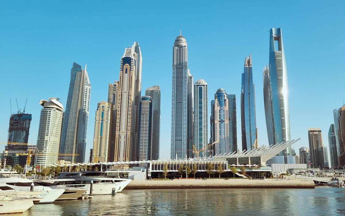 A large body of water surrounded by tall buildings