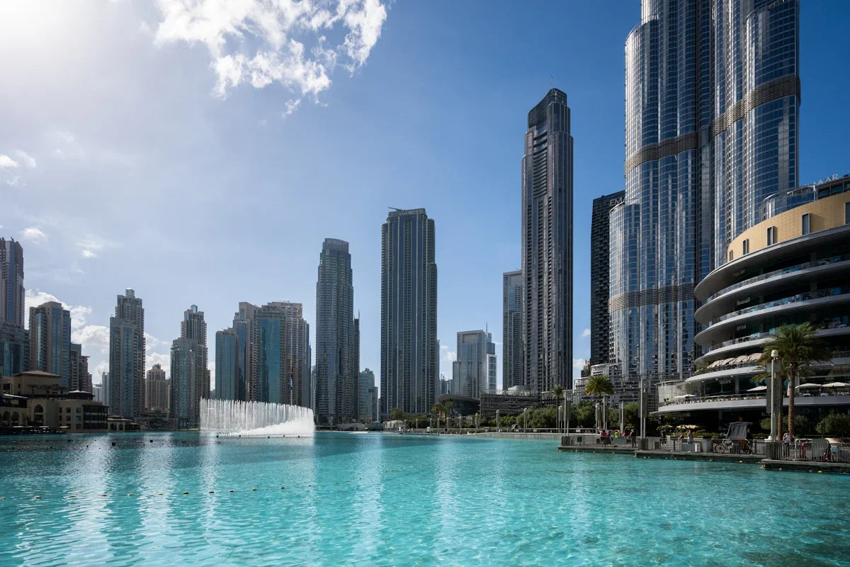 Dubai's impressive skyline towers over the water.