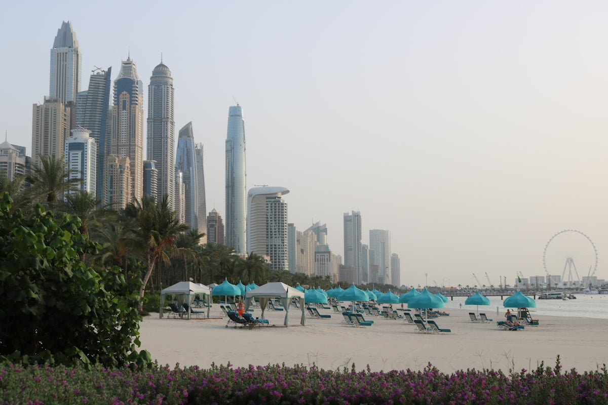 Beach with lounge chairs and skyscrapers in background